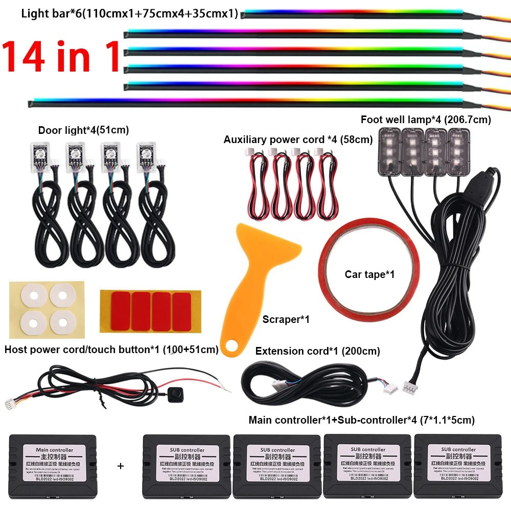 Car Ambient Light 18 in 1 RGB 64 Colors Symphony Interior Acrylic Guide Fiber Strip Decoration Atmosphere Light With App Control