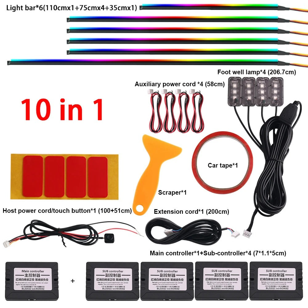 Car Ambient Light 18 in 1 RGB 64 Colors Symphony Interior Acrylic Guide Fiber Strip Decoration Atmosphere Light With App Control